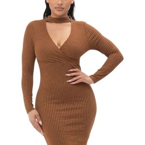 Love J Brown Long Sleeve Ribbed Dress